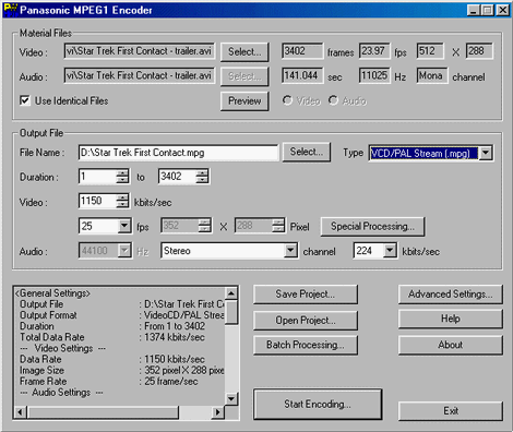 Программа Panasonic MPEG1 Encoder